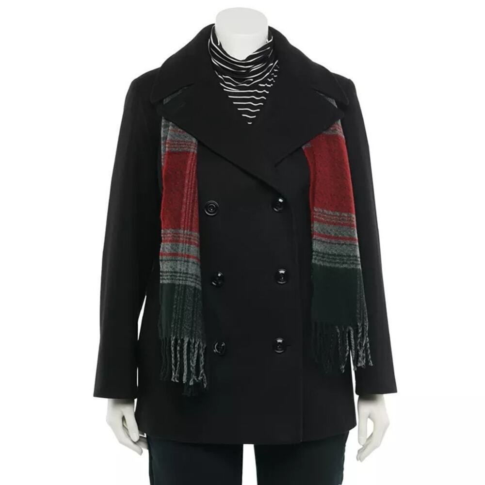 DRAFT NEW London Fog Women's 3X BLACK Wool Blend Pea Coat With Scarf